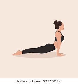 Mujer entrenando yoga asana hacia arriba frente a la posa del perro, arriba la posa del perro. Muchacha haciendo ejercicios de yoga y demostrando asana de yoga Urdhva Mukha Svanasana sobre fondo claro. Ilustración vectorial plana.