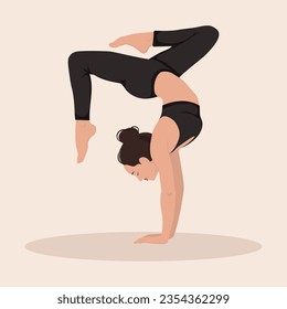 Woman training yoga asana. Young girl doing yoga exercises and demonstrating stretching on light background. Flat vector illustration.