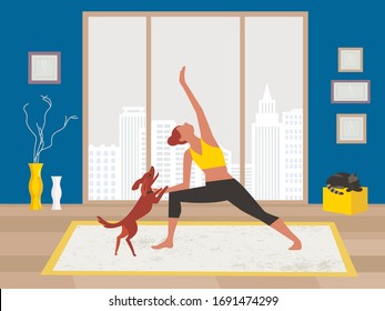 Woman training yoga with pets at home flat vector. Stay at home meditation practice cartoon. Breathing exercise workout background. Healthy lifestyle, Indoors morning fitness activities illustration
