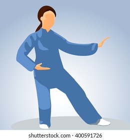 Woman trains kung fu. Vector illustration.