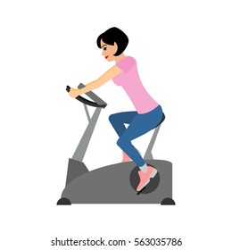 The woman trains riding an exercise bike. Vector illustration