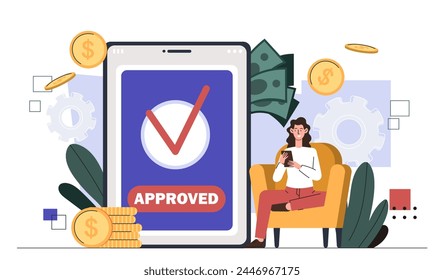 Woman with transaction concept. Girl sitting near golden coins. Digital transfers and electronic wallet. Cashless payment on internet. Cartoon flat vector illustration isolated on white background