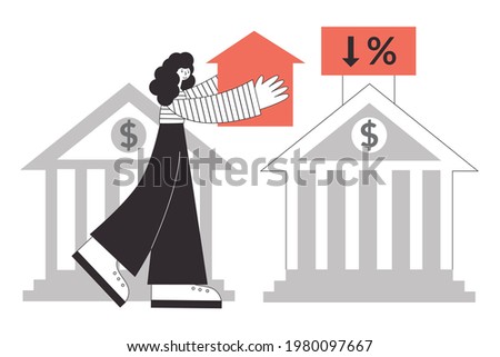 Woman transfers mortgage loan carrying house from one bank to another to reduce payments. Refinance mortgage concept isolated vector flat illustration.