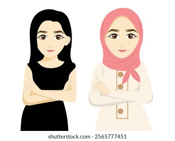 Woman Transformation. Life change from without to with moslem veil. The concept of gender equality and of the female empowerment movement. Flat illustration isolated on white background.