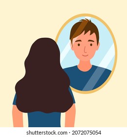 Woman transgender looking in the mirror and seeing man in flat design. Gender identity. 