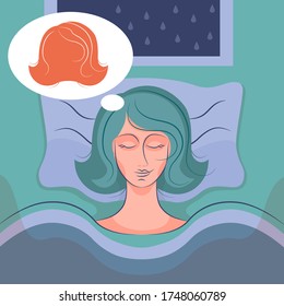 Woman or transgender sleeping on a bed in bedroom and dreams. Vector Illustration, poster, banner for psychological article about dreams of red hair