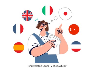 Woman translator calls for learning different languages so that she can travel around countries while standing among national flags. Professional translator or polyglot trains linguists