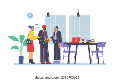 A woman translator translates a conversation between two men of different nationalities. Multilanguage translation service concept. Vector illustration of international meeting in office interior
