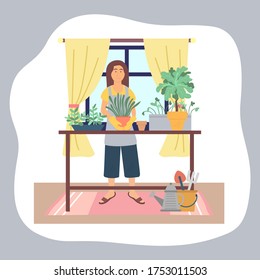 Woman transplanting plants at home. Girl in rubbery gloves enjoy gardening, holding pot with green plant. Female caring for house plants. Hobby, everyday activities. Table with collection of plants