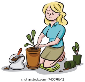 A woman transplants seedlings into a larger flower pot.