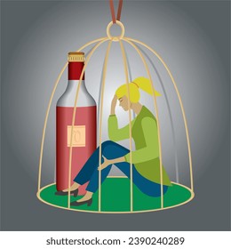 Woman trapped with alcohol abuse in a cage. Square composition. Vector illustration. svg