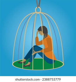 Woman trapped in a birdcage. Square composition. Vector illustration.