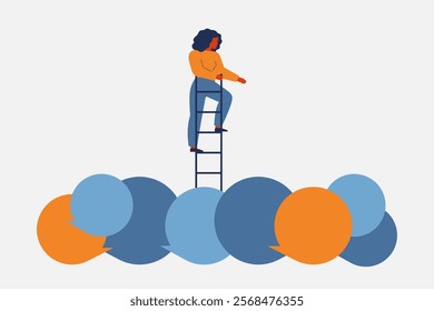 woman trapped by speech bubbles while standing on a high career ladder. challenges of success, criticism, public opinion pressure. emotional resilience in business for females. Vector