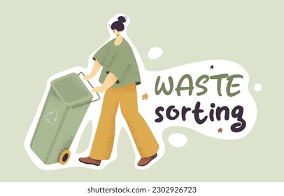 Woman with trash container. Vector illustration isolated on gray background. Ecology and waste sorting sticker template. Environment protection, green agenda, save Earth concept.
