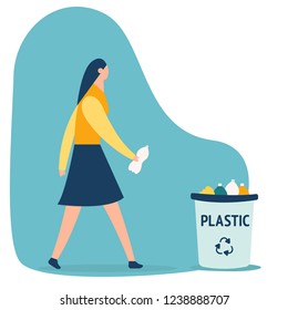 Woman with trash vector illustration. Keep clean and garbage sorting concept