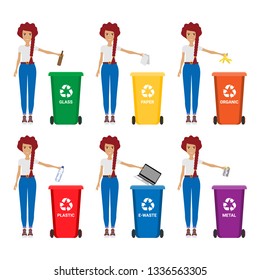Woman with trash vector illustration. Keep clean and garbage sorting concept