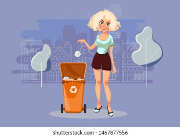 Woman with trash vector illustration. Keep clean.