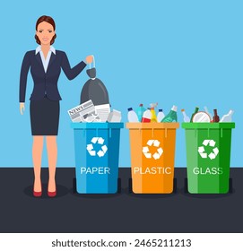 Woman with trash vector illustration. Keep clean and garbage sorting concept. Vector illustration in flat style