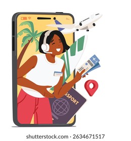 Woman travel agency agent character on mobile phone screen offering online consultation, booking flight tickets for journey tour to tropical resort providing professional assistance cartoon scene