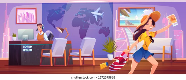 Woman in travel agency. Happy girl in summer clothes rejoice for buying tour and going on vacation. Operator sitting at desk in office selling tickets. Touristic business. Cartoon vector illustration