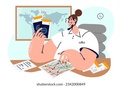 Woman travel agency manager holding passport and plane tickets sitting at office desk near world map. Girl helps to get visa for summer travel and spend vacation or weekend at resort.