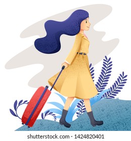 Woman travel alone, Character cartoon of woman travel, Woman and suitcase, Abstract nature border and white background - Vector