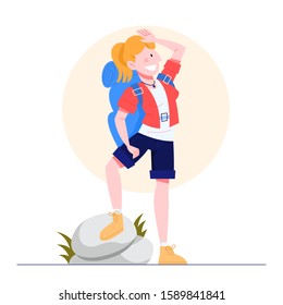 Woman travel with the backpack. Hiker on a trip. Idea of journey and tourism, summer holiday. Person hiking, surounded by nature. Vector illustration in flat style