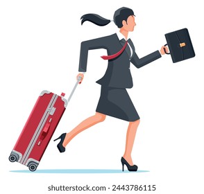 Mujer con bolsa de viaje. Turista con maleta, maletín, corriendo al aeropuerto. Mujer de negocios con equipaje aislado. Mujer de negocios con equipaje. Vuelo de negocios. Ilustración vectorial plana