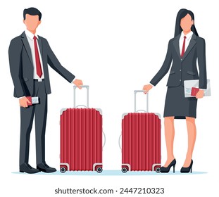 Woman with Travel Bag. Tourist with Suitcase, Passport, Ticket, Boarding Pass in Airport. Businessman with Luggage. Business Woman and Man with Baggage. Business Flight. Flat Vector Illustration