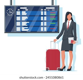 Woman With Travel Bag. Tourist With Suitcase, Passport, Ticket, Boarding Pass In Airport. Businesswoman With Luggage, Arrival Timetable Isolated. Business Woman With Baggage. Flat Vector Illustration