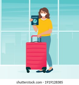 Woman with travel bag and vaccination passport in airport. Quarantine measures to stop the spread of coronavirus COVID-19. Vector illustration in flat style