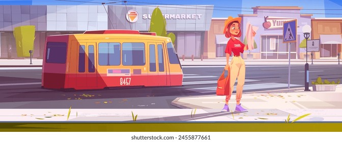 Viaje de la mujer en la ciudad con el mapa y la ilustración del transporte del tranvía. Personaje de chica y vehículo público de ferrocarril en el centro. Plan de aventura para jóvenes turistas a la ciudad Explore con el concepto de tranvía