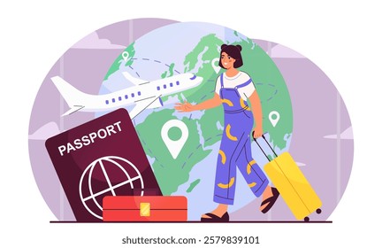 Woman travel concept. Young girl with suitcase walks against backdrop of globe and airplane. Traveler and tourist with foreign passport. Holiday and vacation. Flat vector illustration