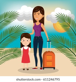 woman with travel suitcase and child