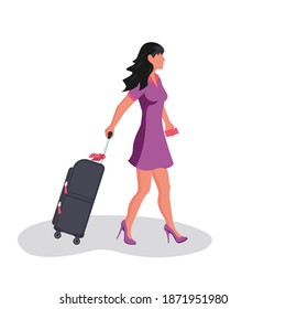 Woman with travel suitcase. Female with a luggage bag. Beautiful and attractive young girl in a dress with suitcases. As a template for travel or airport. Vector illustration flat design.