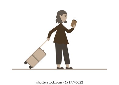 Woman with travel suitcase. Female with a luggage bag.read travel book and attractive young girl in a dress with suitcases. As a template for travel or airport. Vector illustration flat design.