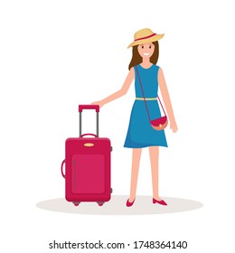 Woman with travel suitcase. Vector illustration on white background. Travelling concept.