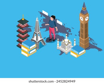 Woman with travel the world icons 3d isometric vector illustration