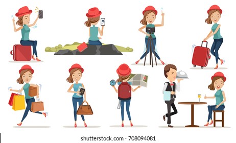 woman traveler backpack Cute cartoon enjoying sunset of mountain. holding airplane tickets and travel bag. Take a photo, explore the map, buy souvenirs, In the restaurant, Single life summer concept.