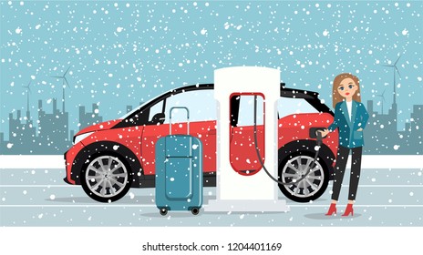 Woman traveler with baggage is renting an electric car. Vector illustration