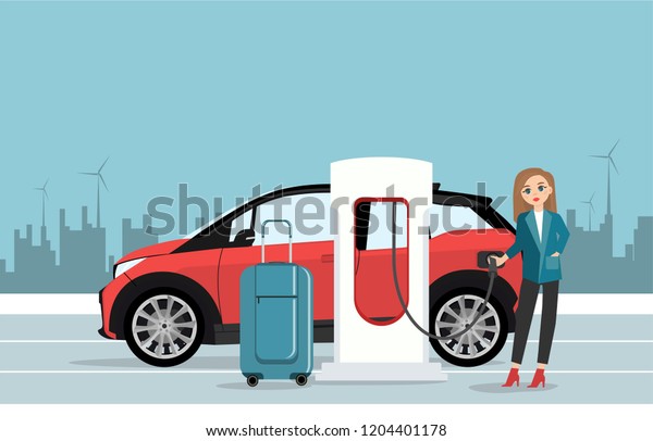 Woman traveler with baggage is renting an\
electric car. Vector\
illustration