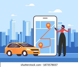 Reisende, die ihren Reisecharakter per Taxi online App bestellen und warten. Vektorgrafik-Design-Illustration