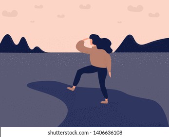 Woman Traveler Or Explorer Standing On Top Of A Mountain Or Cliff And Looking Straight On The Sea Or Ocean
Trendy Flat Illustration Concept Of Discovery, Exploration, Hiking, Adventure Tourism, Travel