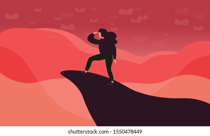 woman traveler or explorer standing on top of a mountain or cliff and looking straight. Trendy flat illustration concept of discovery, exploration, hiking, adventure tourism, travel