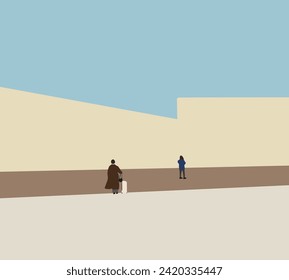 Woman traveler with hand luggage walking on modern city street. Travel on holidays vacation. Minimal urban background.
