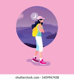 woman traveler in landscape nature purple scene