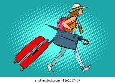 Woman traveler with Luggage. Comic cartoon pop art retro vector illustration drawing