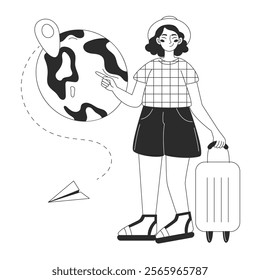 Woman traveler with luggage get ready for adventure. Destination point. Travel concept. Vector flat illustration for web or app design in outline style