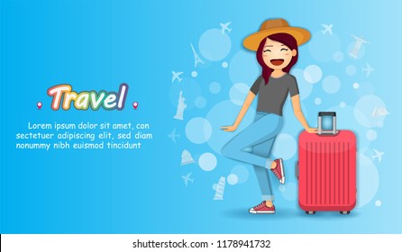 Woman traveler with luggage on bokeh Background Design. Top world famous landmark and plane check in point travel around the world concept blank space, paper art, vector, banner, Card, Poster,