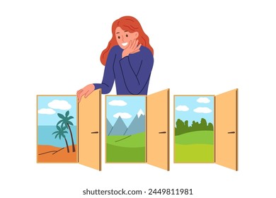 Woman traveler makes travel plan and chooses place to relax, stands near door with beach or mountains. Girl from travel agency offers options for active and passive recreation for clients